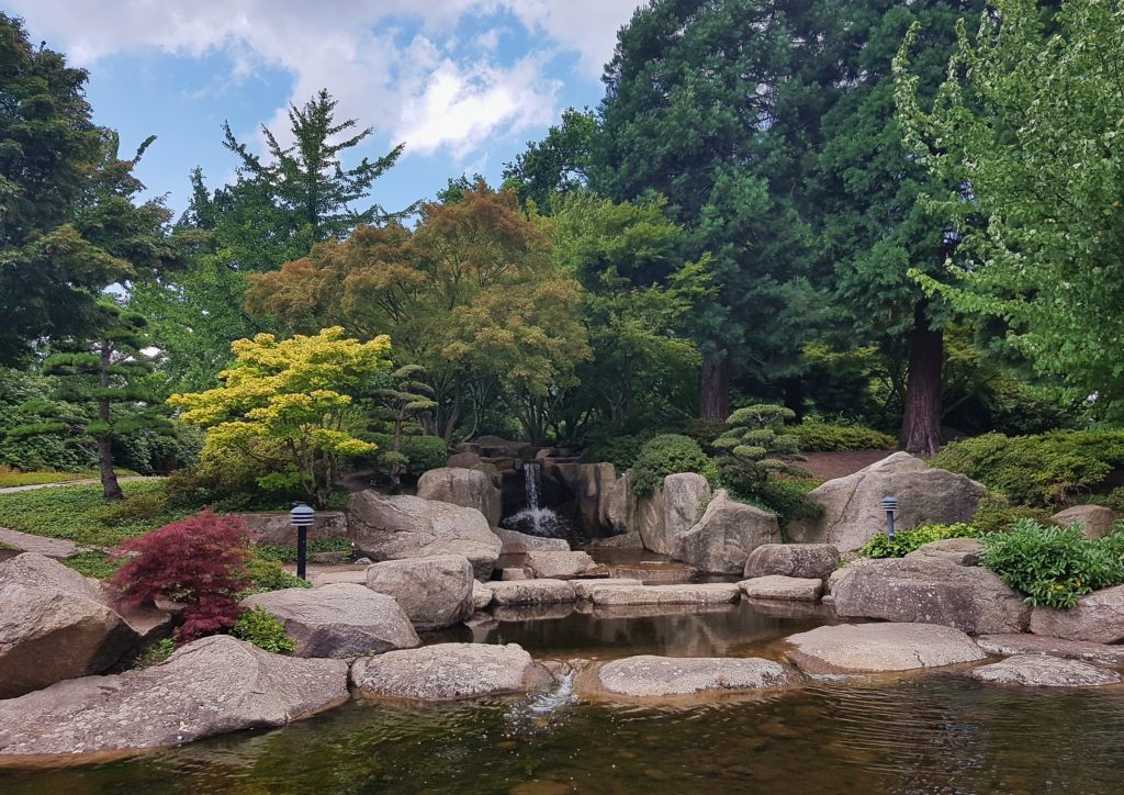 Japanischer Garten, Japangarten, Wasserfall, Drachentor-Wasserfall, Koi, Kois, Koiteich